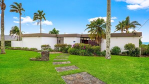 A modern house with a stone pathway leading to the entrance, surrounded by lush greenery and palm trees. - Welcome to The Lookout, a beautiful 4 bedroom house with stunning ocean views. (Coffs Harbour)