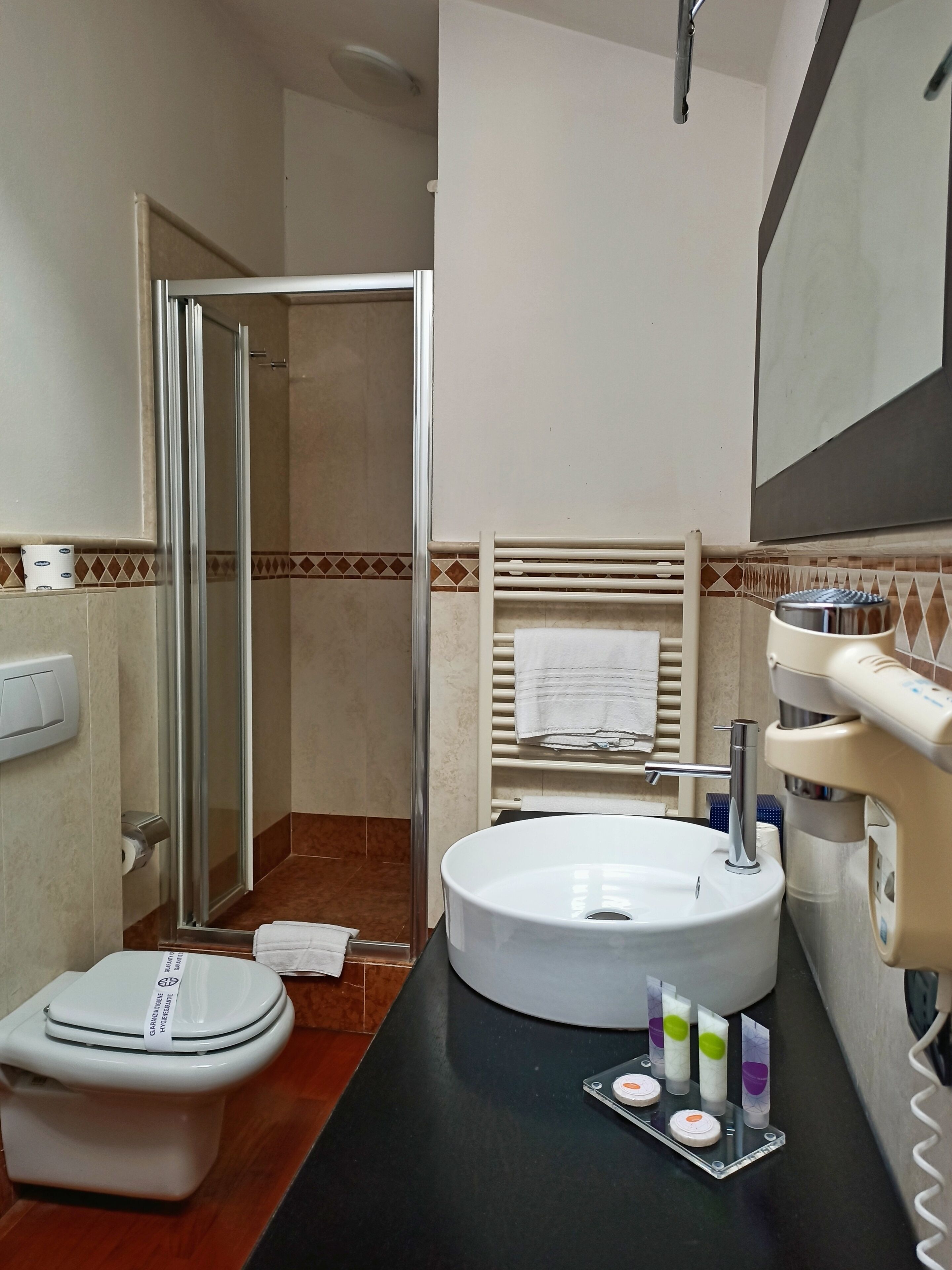 A bathroom with a toilet, sink, and shower.