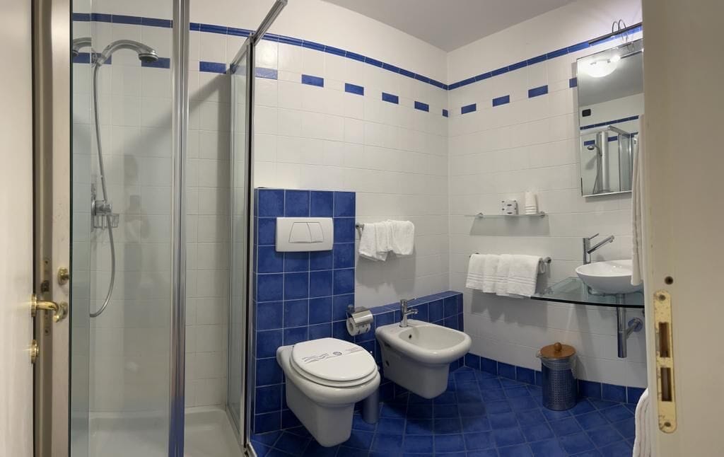 A bathroom with a glass shower enclosure, two toilets, a bidet, a sink, and a mirror.