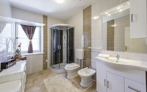 Shower, hair dryer, bidet, towels
