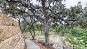 A stone pathway leading through a park with large trees and a stone wall. - Frio Ridge Retreat @ Frio Premier Rental Homes (Concan)