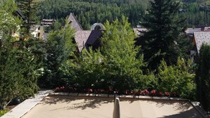 A residential area with houses, a swimming pool, and a view of a forested hill.