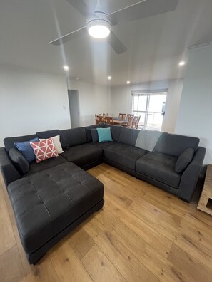 Smart TV, fireplace, books