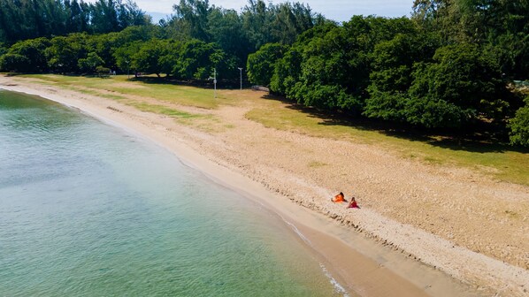 An aerial view of a beach with clear water, sandy shore, and dense green trees in the background.
