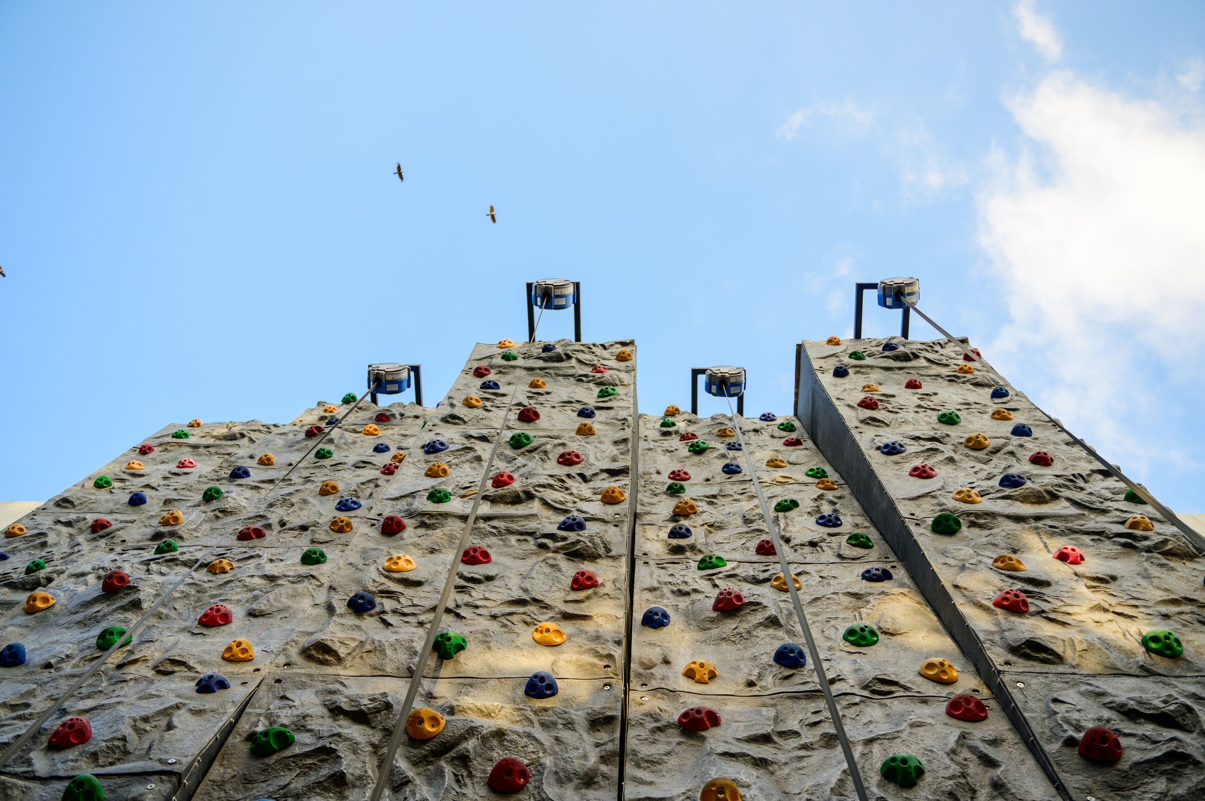 Una pared de escalada con varias rutas y un cielo despejado al fondo.