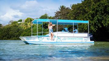 A boat with a blue canopy and a woman standing on the deck.