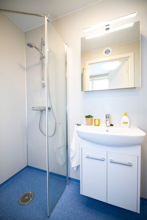 Shower, heated floors, towels, soap