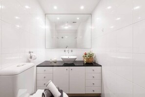 Shower, free toiletries, hair dryer, towels