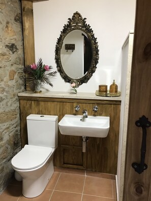 A bathroom with a toilet, sink, and mirror. - Casa da Oliveira  (Pedrógão Grande)