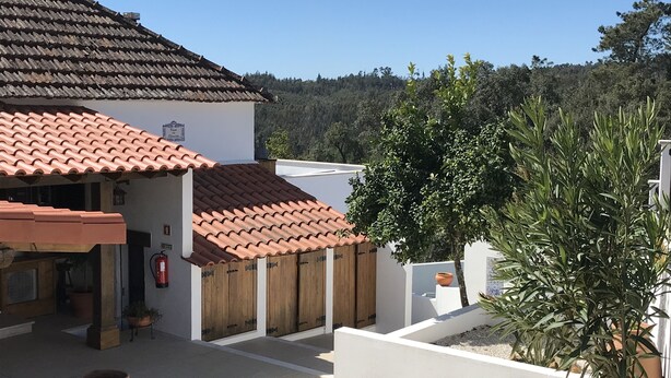 A building with a tiled roof, a wooden gate, and a potted plant. - Casa da Oliveira (Pedrógão Grande)