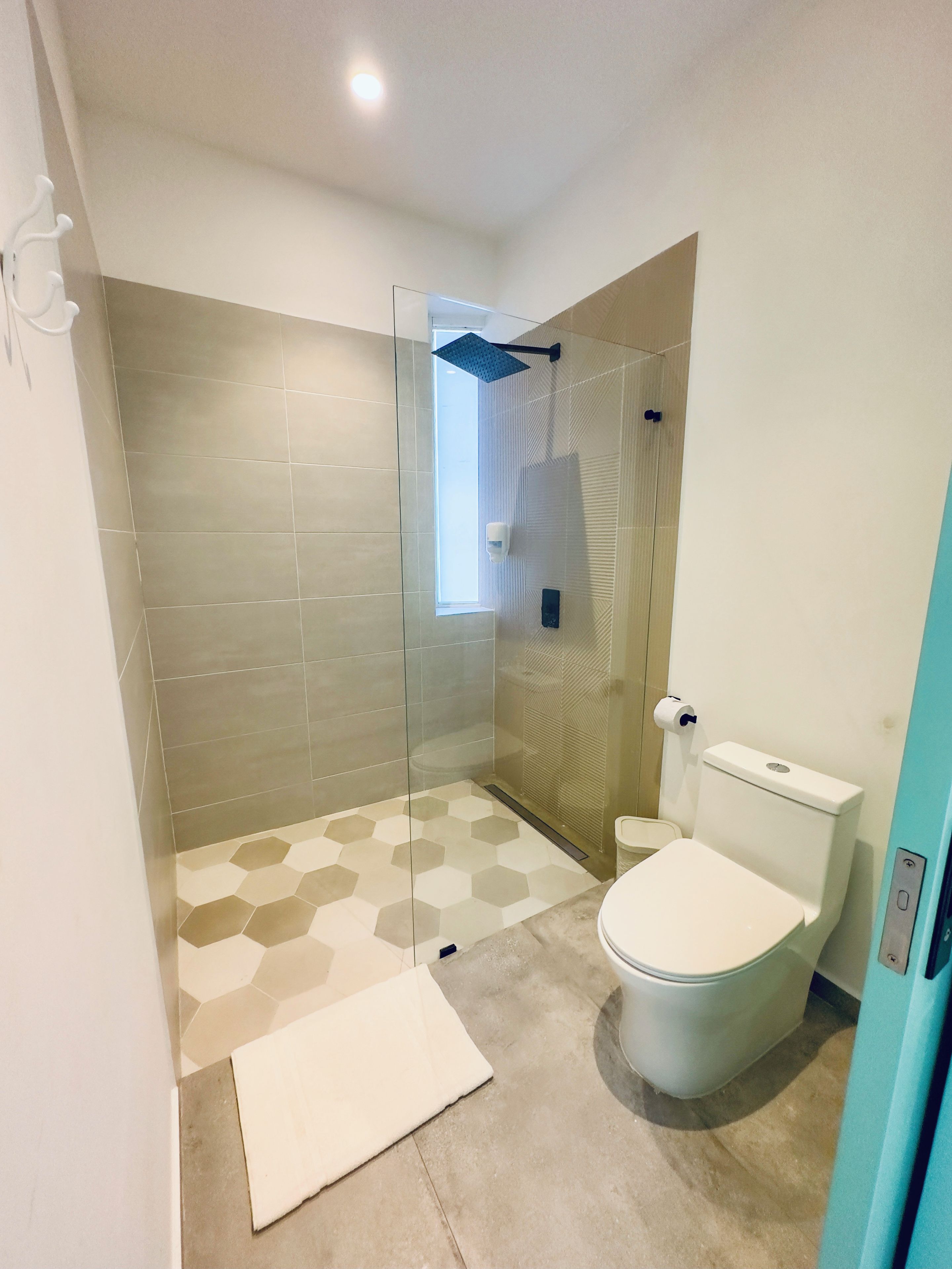 A bathroom with a shower, toilet, and a window.