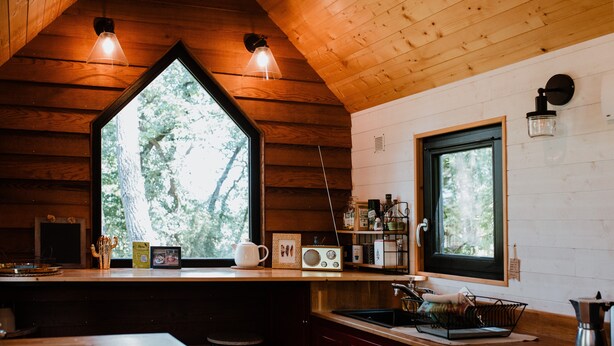 Interior de una cabaña con techo de madera, un ventanal grande, una encimera de cocina con varios objetos y un lavabo.