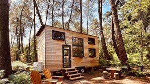 Una cabaña de madera con un porche pequeño y dos ventanas, rodeada de un bosque.