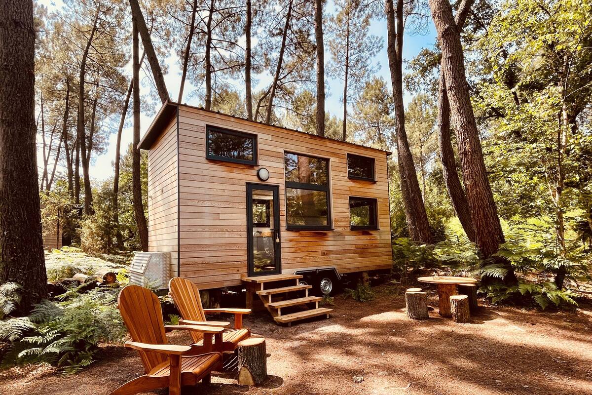 Una cabaña de madera con un porche pequeño y dos ventanas, rodeada de un bosque.