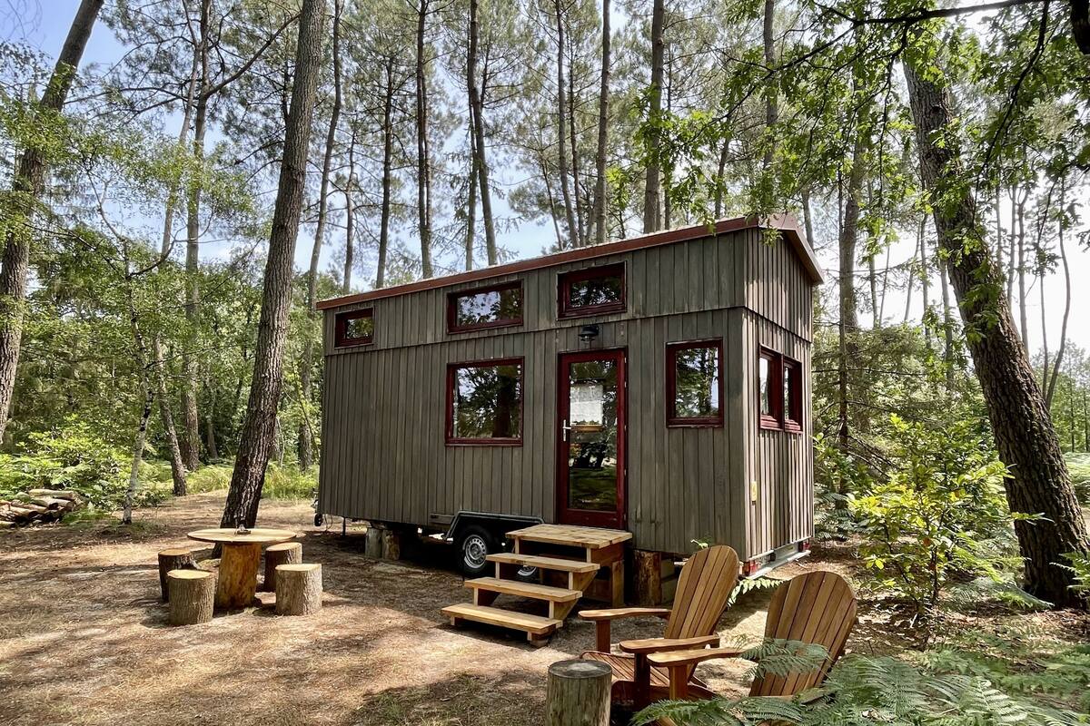 Una pequeña cabaña de madera con puerta roja, varios ventanales y una zona de comedor con bancos y sillas de madera.