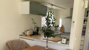 Una cocina compacta con una mesa de comedor y dos sillas de mimbre, una pequeña planta en maceta y un horno empotrado.