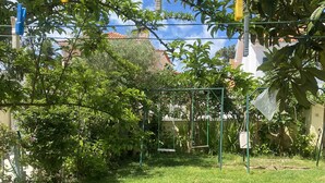 Quintal gramado com varal, baloiço e área de jardim com diversas plantas.