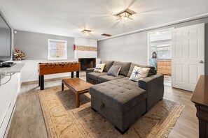 Smart TV, fireplace, video games, foosball