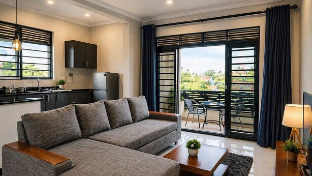 A modern living room with a sectional sofa, a coffee table, and a TV stand.