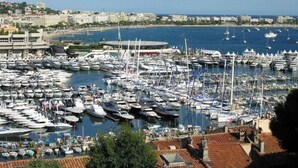 Un puerto deportivo lleno de numerosos barcos amarrados en el puerto, rodeado de edificios y un cielo azul claro.