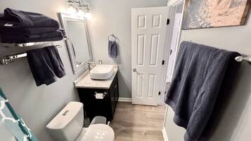 Secadora de cabello, toallas, jabón, shampoo