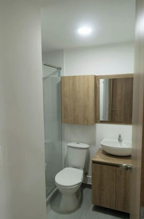 Shower, towels, soap, toilet paper