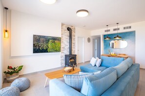 Smart-TV, Kamin, Bücher, Musikbibliothek