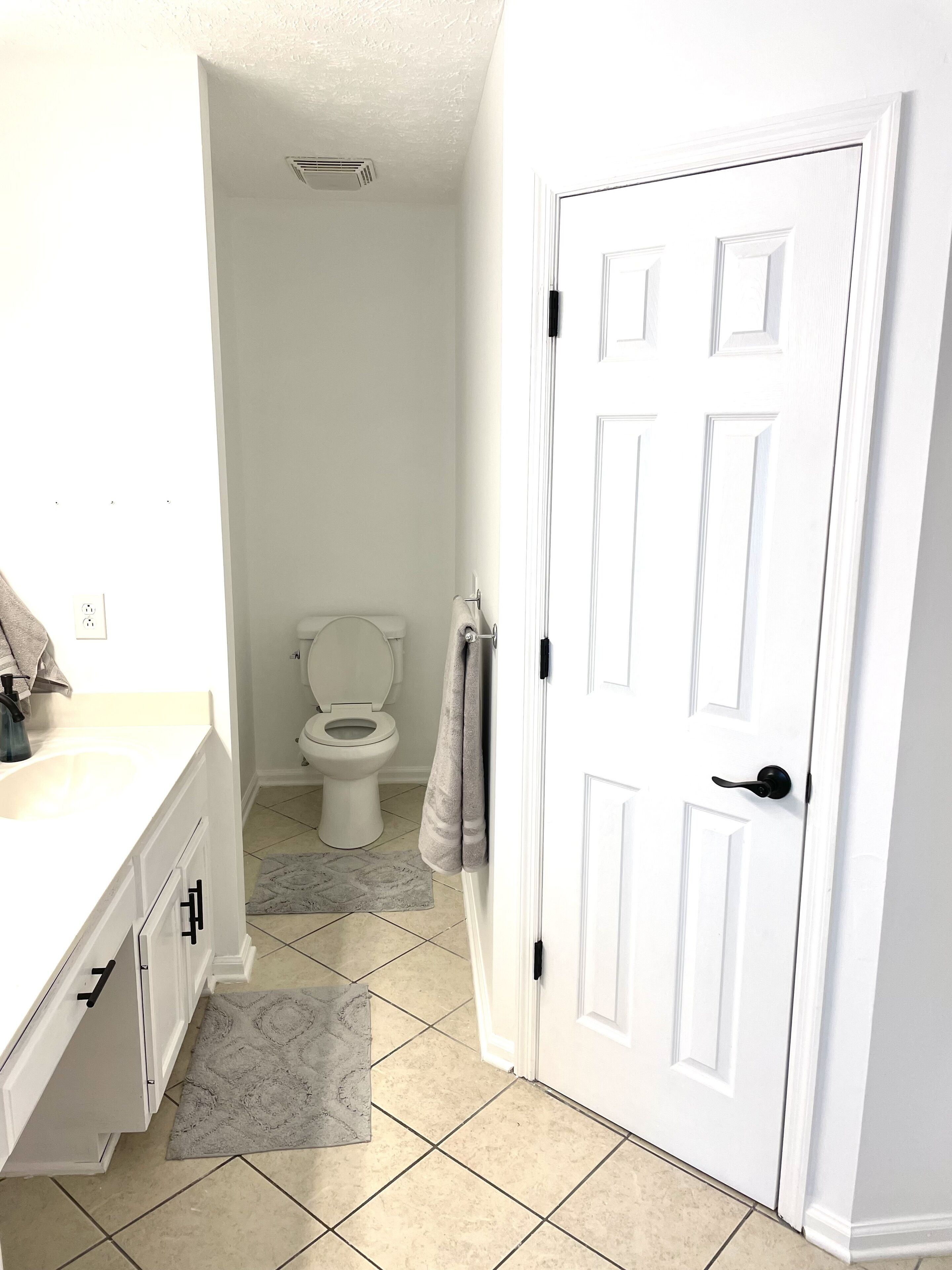 A bathroom with a toilet, a sink, and a door.