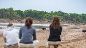 Tres personas sentadas en una playa arenosa con un río y un bosque al fondo.