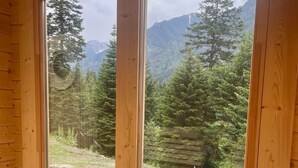 Une pièce de cabane en bois avec de grandes fenêtres donnant sur une forêt et des montagnes.