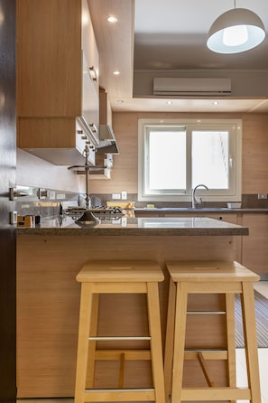 Fridge, oven, dishwasher, cookware/dishes/utensils
