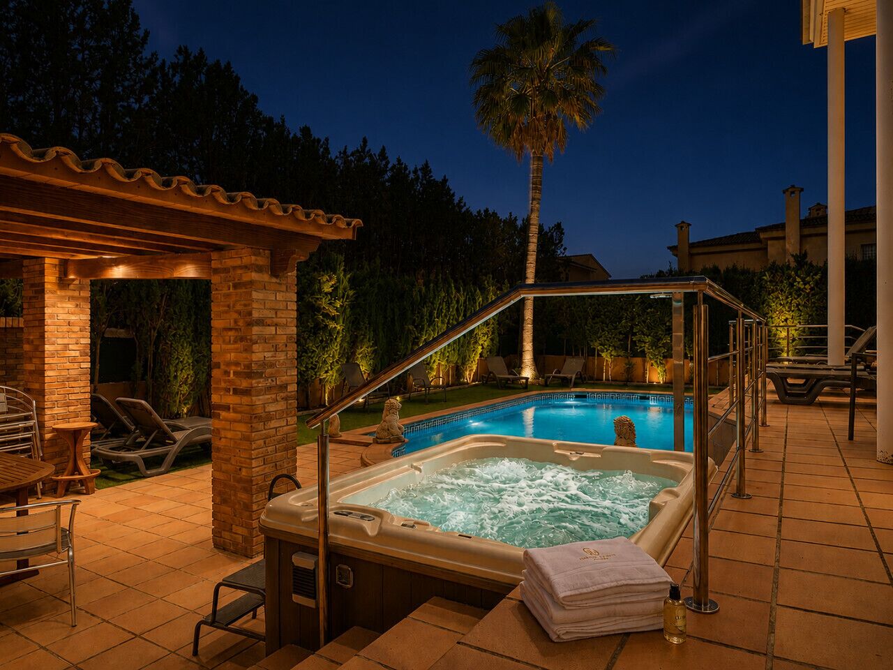 Een hottub en zwembadgedeelte met ligbedden en een pergola.