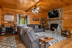 Smart TV, chimenea y libros 