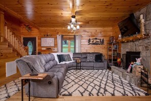 Smart TV, fireplace, books