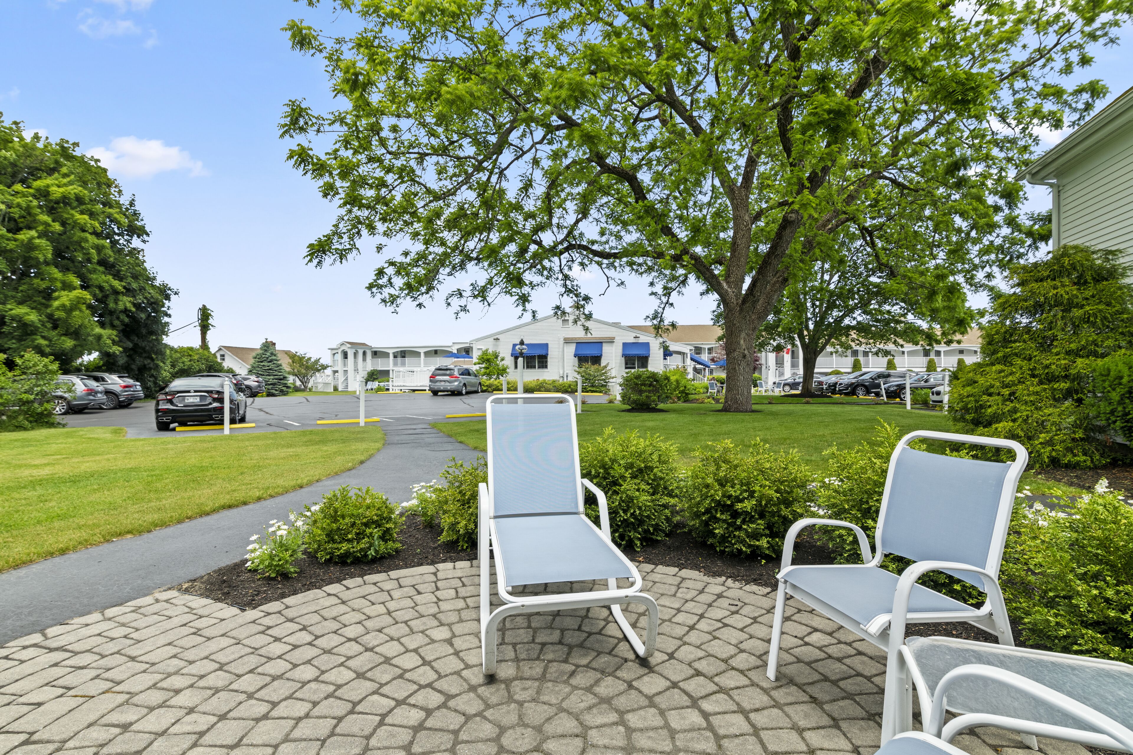 Un espace extérieur aménagé avec une surface pavée, deux chaises en métal blanc et un arbre.