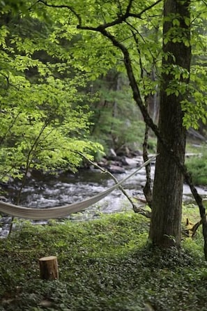Una hamaca atada entre árboles en un área boscosa, con un arroyo al fondo.