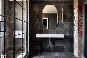 Shower, designer toiletries, hair dryer, bathrobes