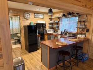 Fridge, microwave, coffee/tea maker, electric kettle
