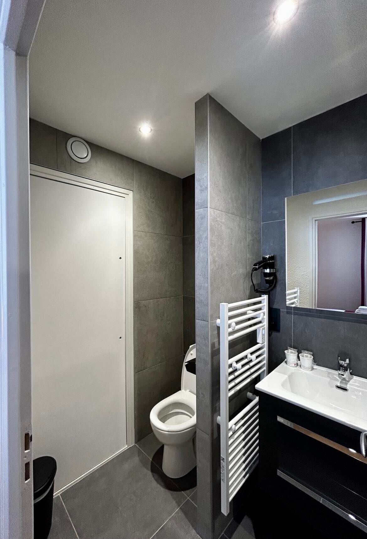 A modern bathroom with a toilet, a sink, and a mirror.