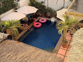 Una piscina con sillas de descanso y sombrillas, rodeada de plantas en macetas.