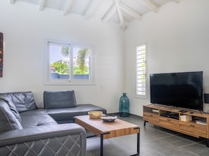 Un salon moderne avec un canapé en cuir, une table basse en bois, un téléviseur à écran plat et une fenêtre donnant sur un paysage verdoyant.