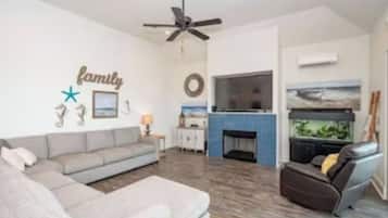 Smart TV, fireplace, books, stereo