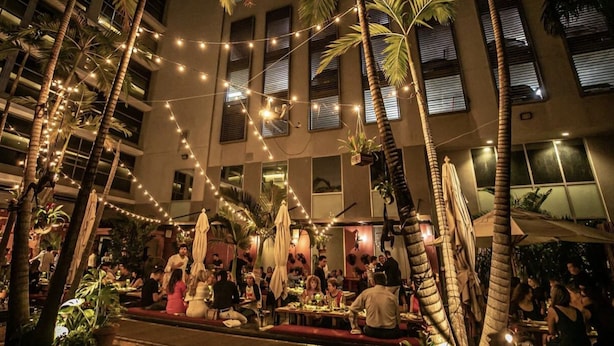 An outdoor dining area with string lights, palm trees, and people dining.