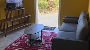 Ein Wohnzimmer mit einer Couch, einem Couchtisch, einem Fernseher auf einem Holzboden und einem gemusterten Teppich.