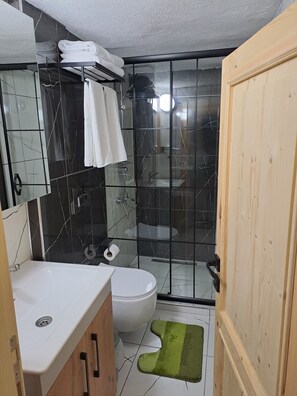 Superior Studio | Bathroom | Shower, hair dryer, slippers, towels