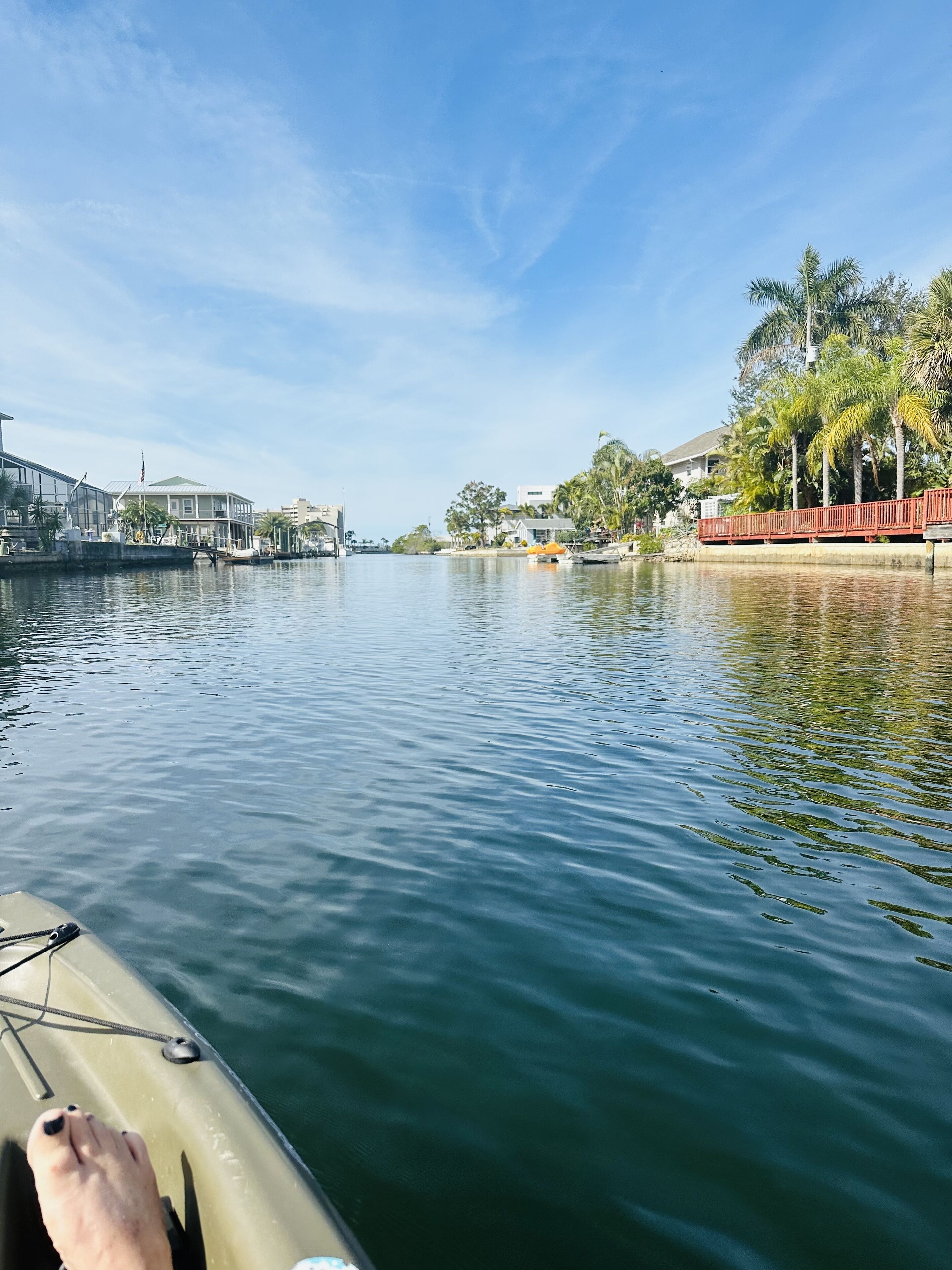 Ein ruhiger Fluss mit einem Boot, Gebäuden und Palmen an den Ufern.