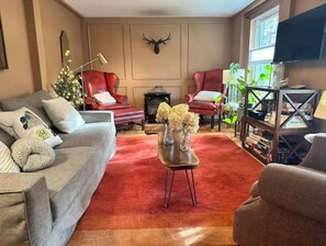 Smart TV, chimenea y libros 