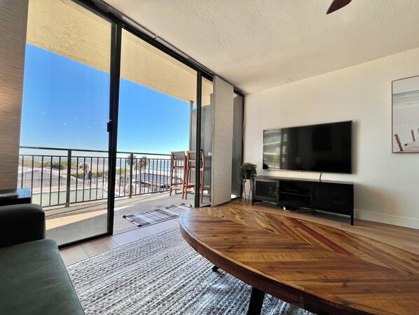 Smart TV, foosball, books, stereo