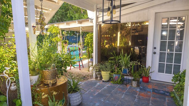 A covered outdoor area with potted plants, a wooden bench, and a door leading inside. - Tropical Garden Oasis  • Birdwatcher's Paradise • Spacious Harlingen Retreat (Harlingen)