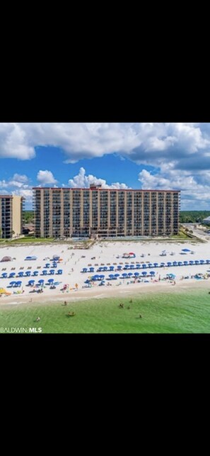 On the beach, sun loungers